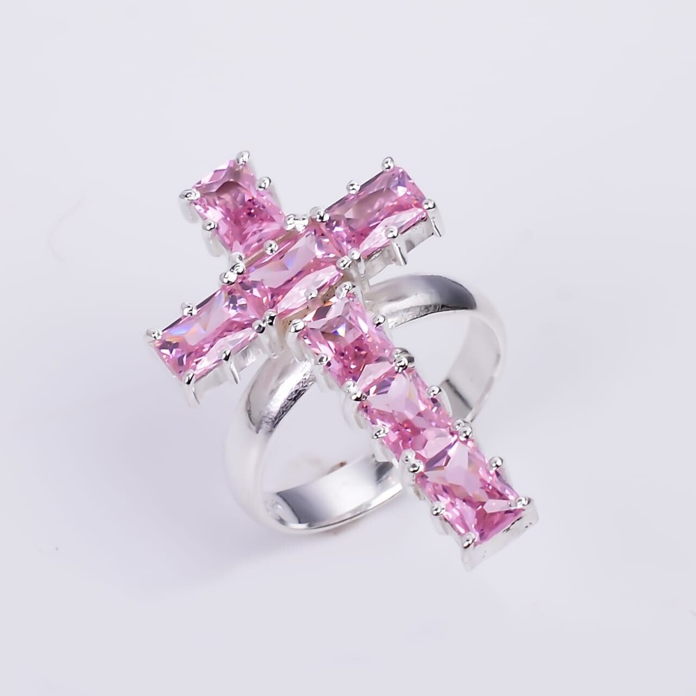 Rose Quartz Gemstone Handmade Cross Shape Ring, 925 Sterling Silver Cross Ring.