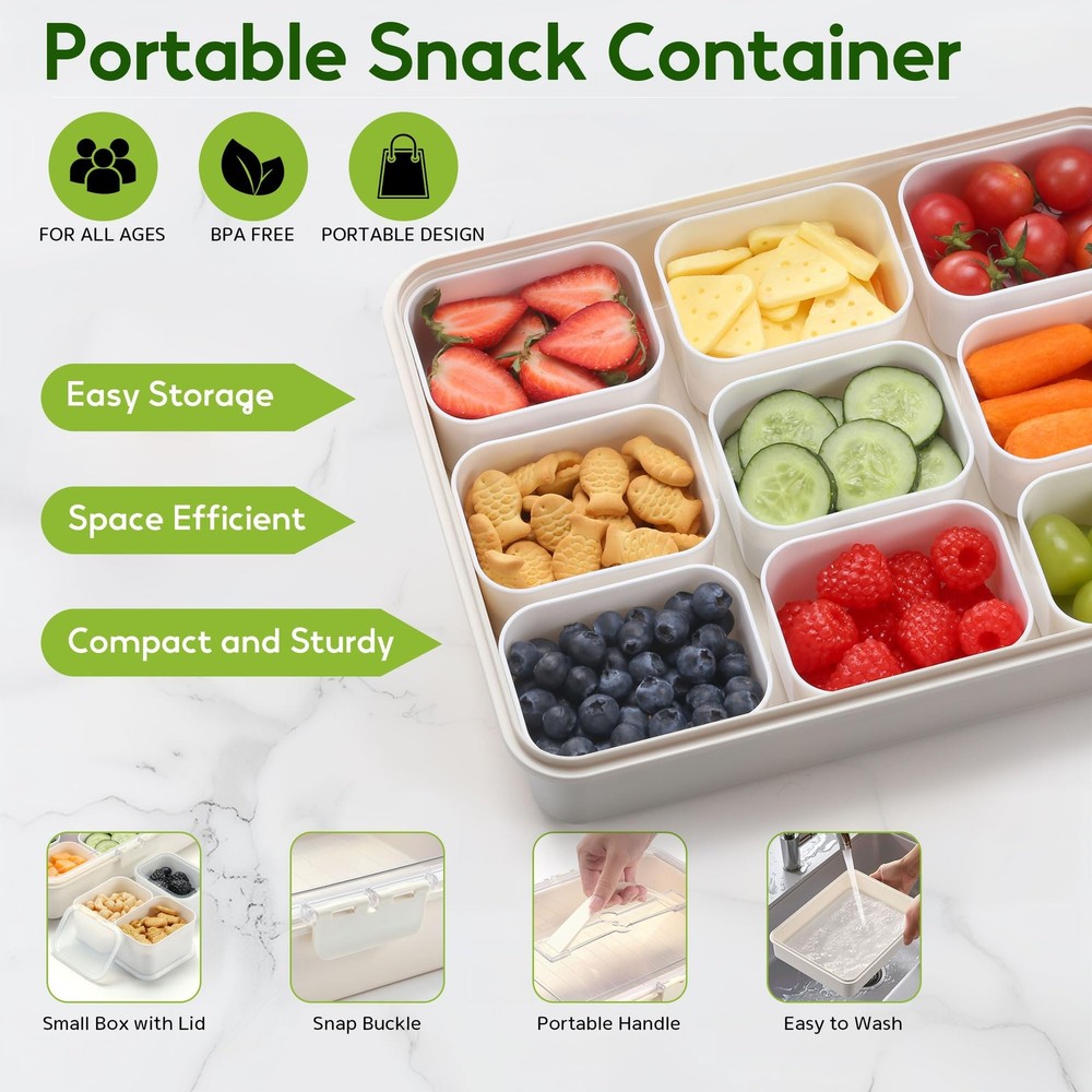 Snackle Box Container for Adults with 9 Compartment, Divided Serving White