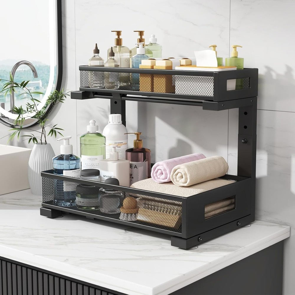 2-Pack Under Sink Storage Organizer Large 2-Tier Elegant Mesh Pull Out Shelf
