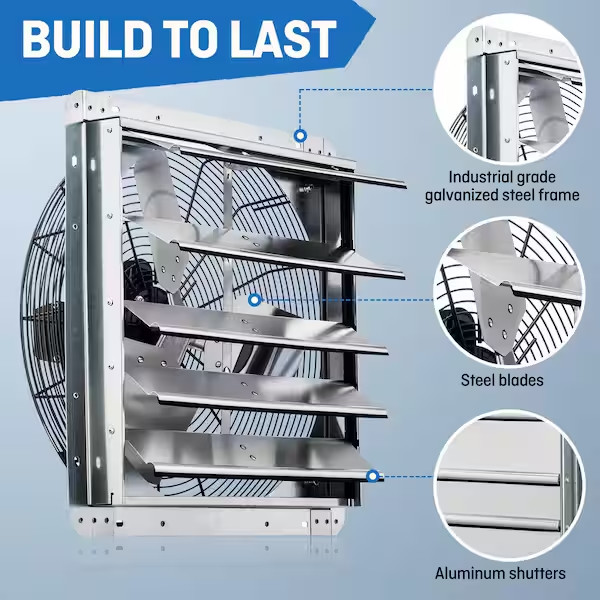 Shutter Exhaust Fan 18" Wall Mounted Automatic Shutter Thermostat Variable Speed