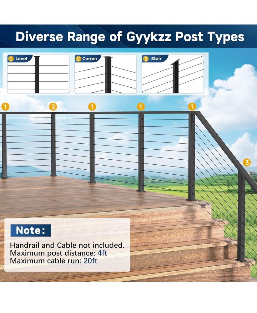 36" Cable Railing Post, Fixed Top Level Drilled Line Post with Cable