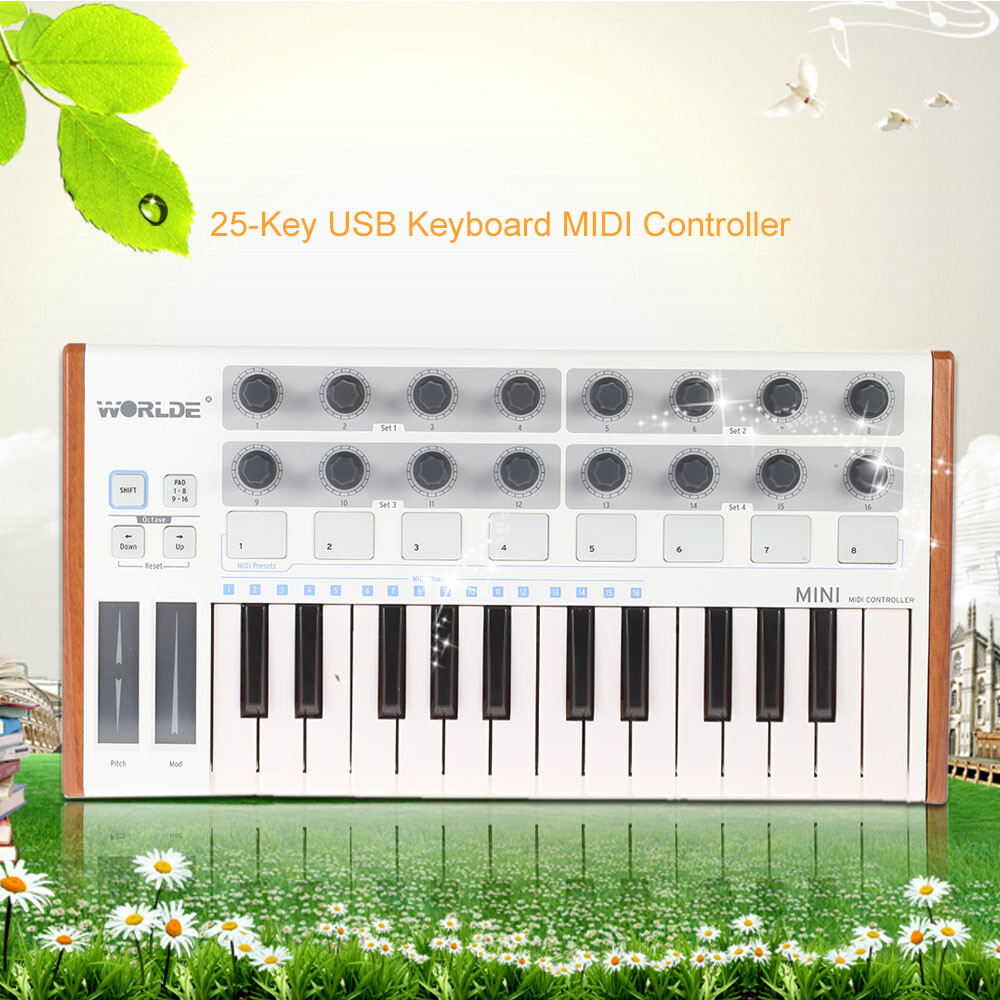 Worlde Keyboard Controller Mini 25-Key USB MIDI Drum Pad Instruments Electronic