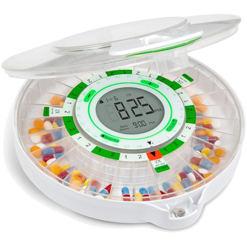Automatic 28-Day Medication Organizer with Adjustable Sound and Visual Alarms