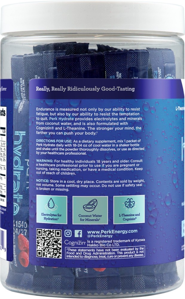 Perk Hydrate Electrolyte Stickpacks Blue Raspberry Flavored (20 Packets)