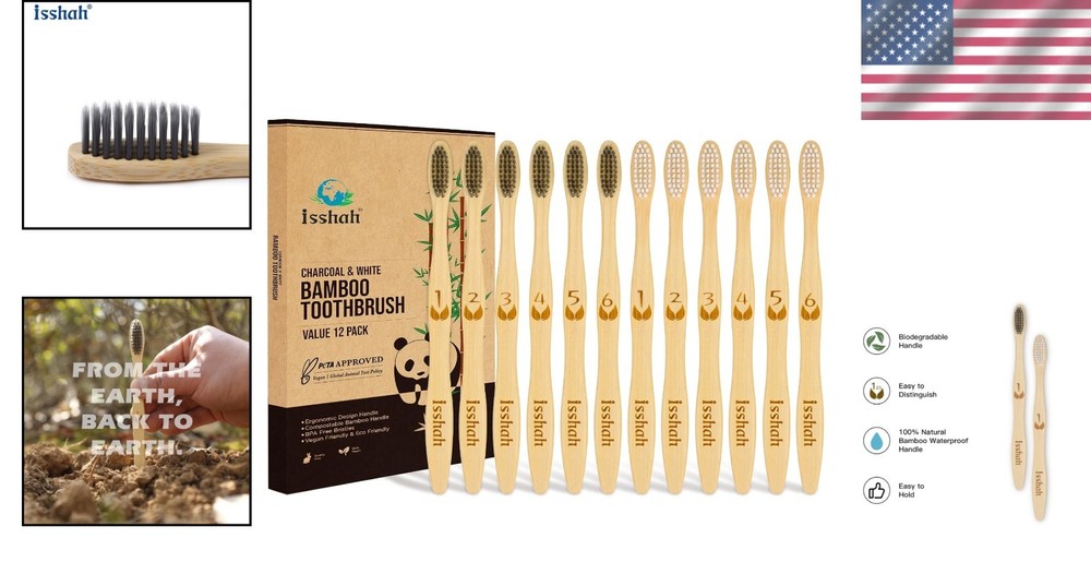 Biodegradable Eco-Friendly Bamboo Toothbrushes, 12 Count