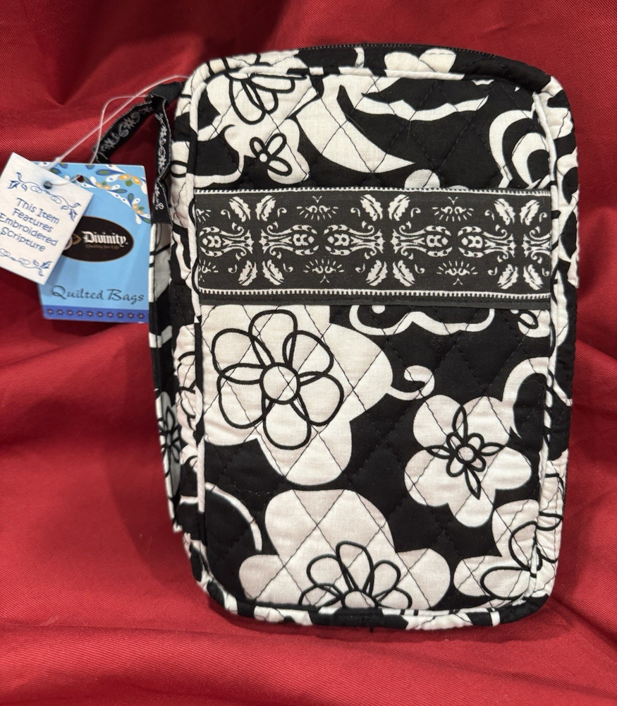 Divinity Black/White Flowers Embroidered Scripture Bible Cover Medium #20922