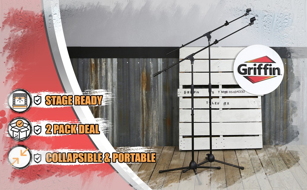 GRIFFIN Tripod Microphone Boom Stand 2 PACK - Telescoping Mic Studio Arm Mount