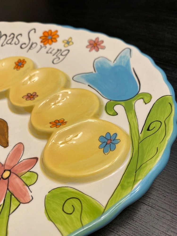 Colorful CRACKER BARREL Ceramic Egg Plate Bunny Flowers 'SPRING HAS SPRUNG' 13"