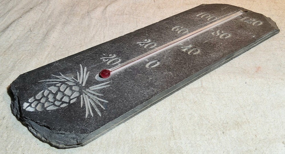 HEAVY SLATE WORKING THERMOMETER DISPLAY SIGN WITH PINEAPPLE ETCHED INTO BOTTOM