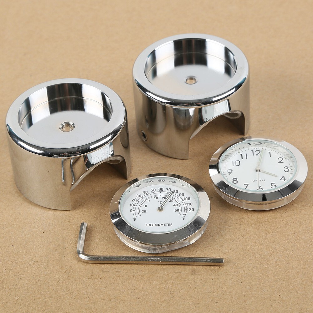 7/8'' 1'' Motorcycle Handlebar Mount White Dial Clock & Thermometer Temp