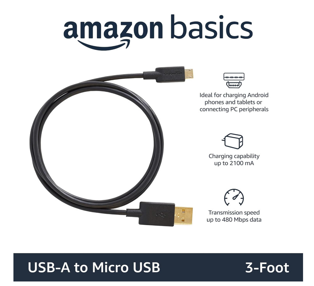 Amazon Basics USB-A to Micro USB Charging Cable, 480Mbps Transfer Speed 5 pk