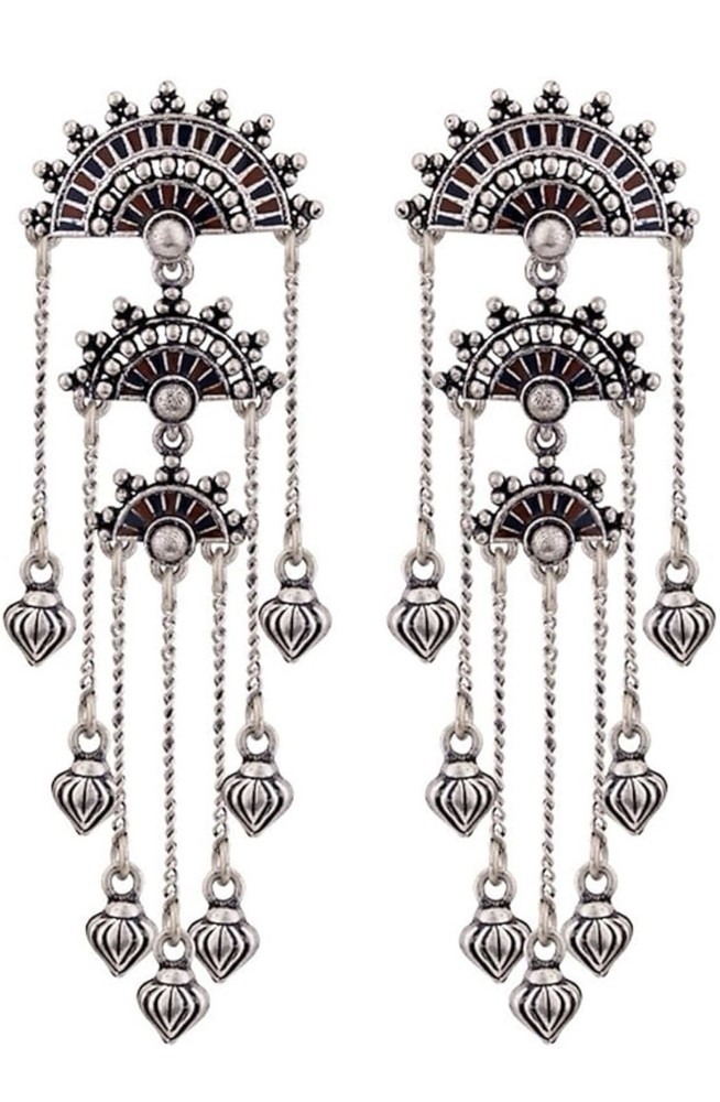 Indian Ethnic Dangle Earrings Silver Tone Handmade Push Back