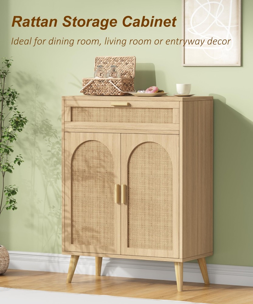 Rattan Buffet Cabinet with Storage, Sideboard with Drawer & Adjustable Shelf,...
