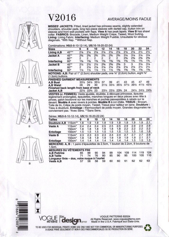 Vogue 2016 Jacket Fitted Single Breast Designer Style Sewing Pattern Misses Size