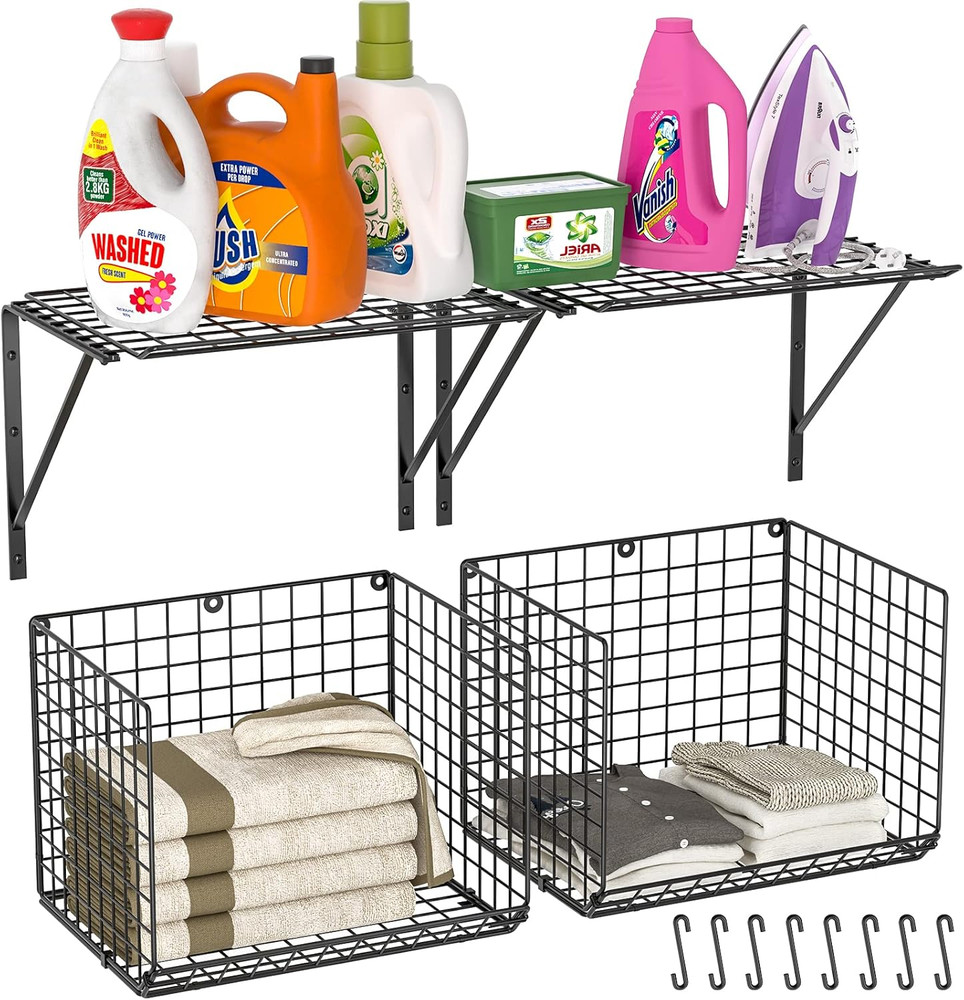 2 Pack Wall Mounted Laundry Shelves with Hooks & Wire Baskets, Black