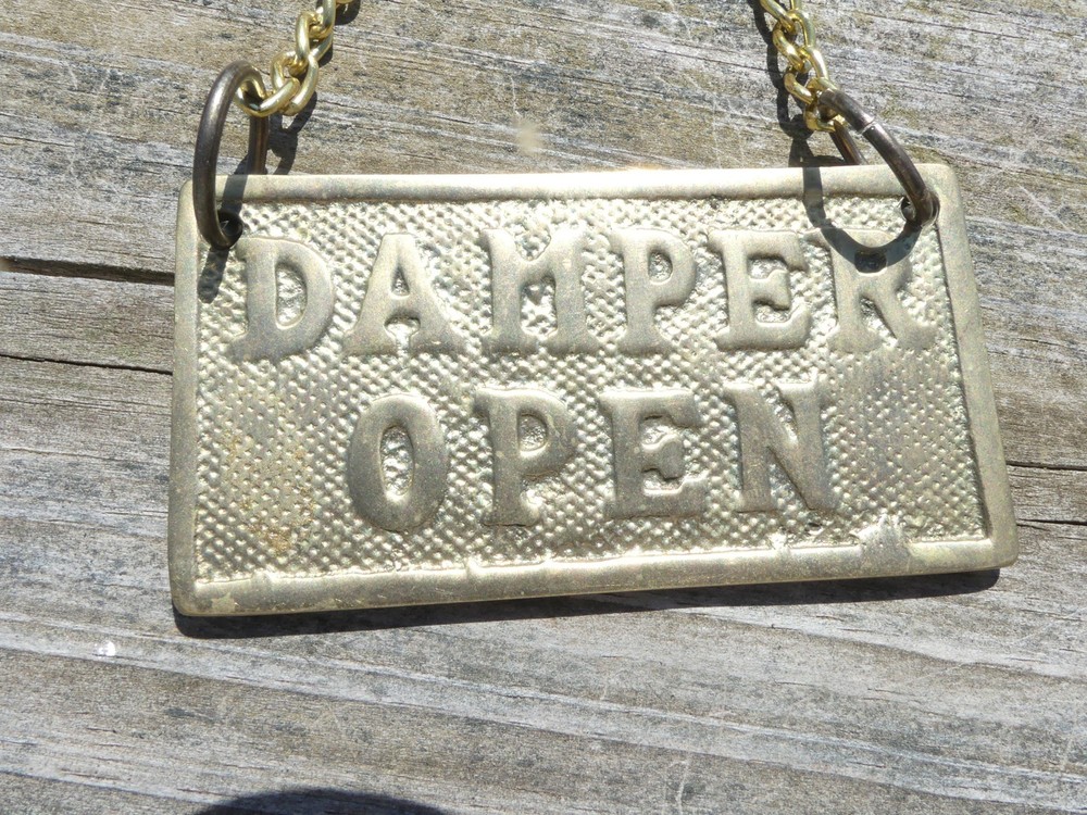 Vintage Solid Brass Fireplace Damper Sign – “Damper Closed” w Hanging Chain