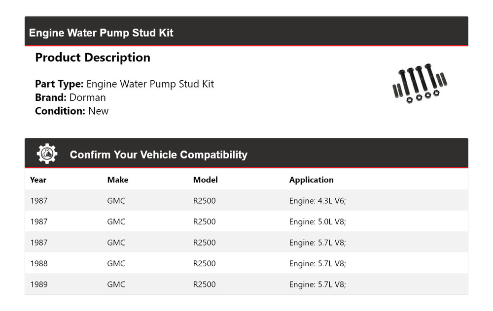 For 1987-1989 GMC R2500 Dorman Engine Water Pump Stud Kit 1988