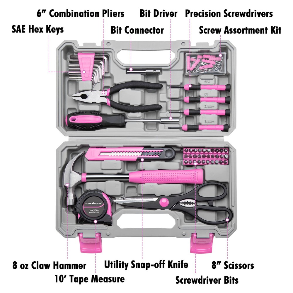 126-Piece Home Tool Set Basic Hand Tools with Storage Case Pink