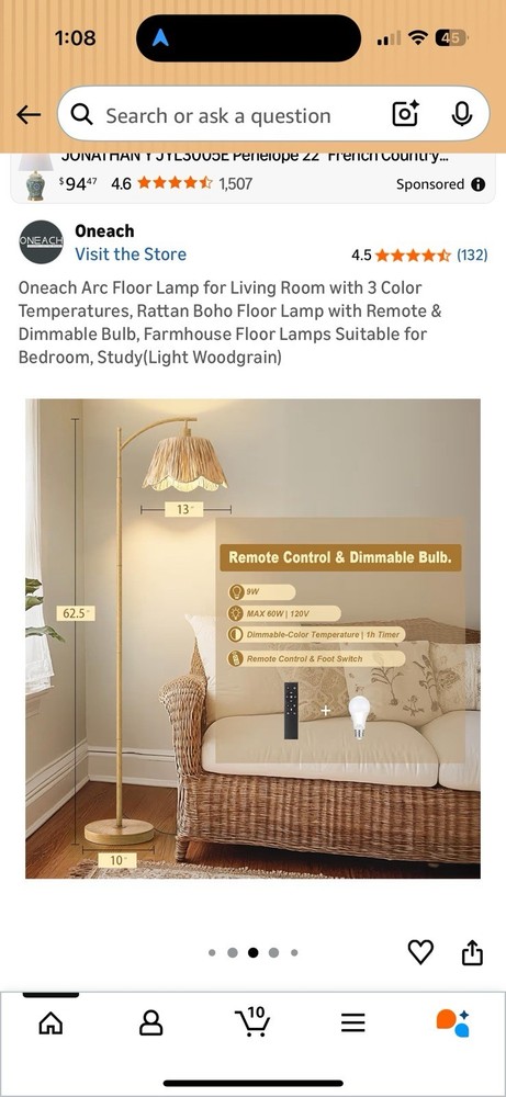 Oneach Arc Floor Lamp with Remote Control Three Colored Temperature