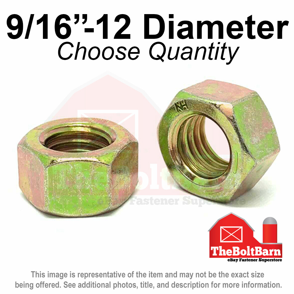 9/16"-12 Grade 8 Finished Hex Nuts Zinc Yellow Coarse Thread (Pick Quantity)