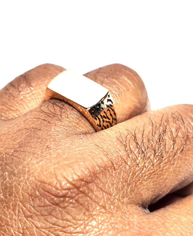 Solid 925 Sterling Silver Gold Plated Rectangle Signet Ring - Textured Men's Ban