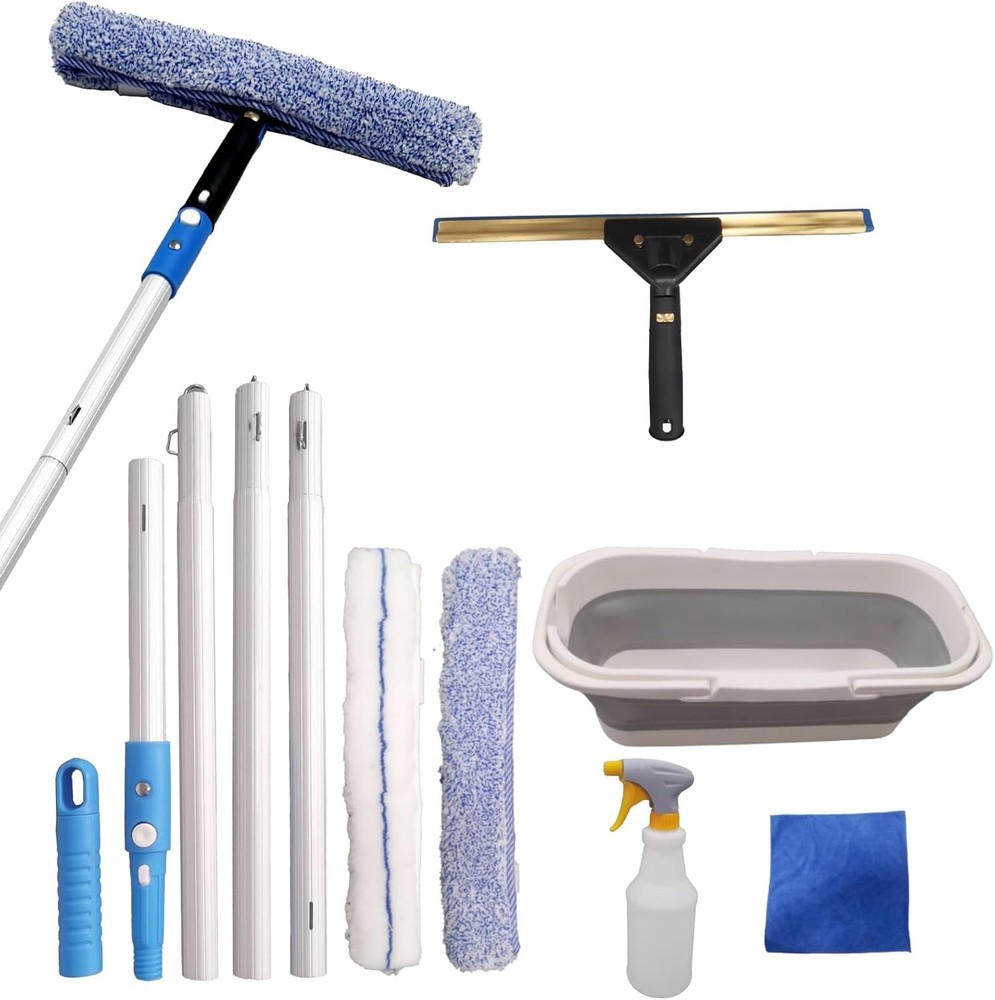 Effortless Clean Squeegee Kit with Adjustable Pole & Microfiber Cloths Inside