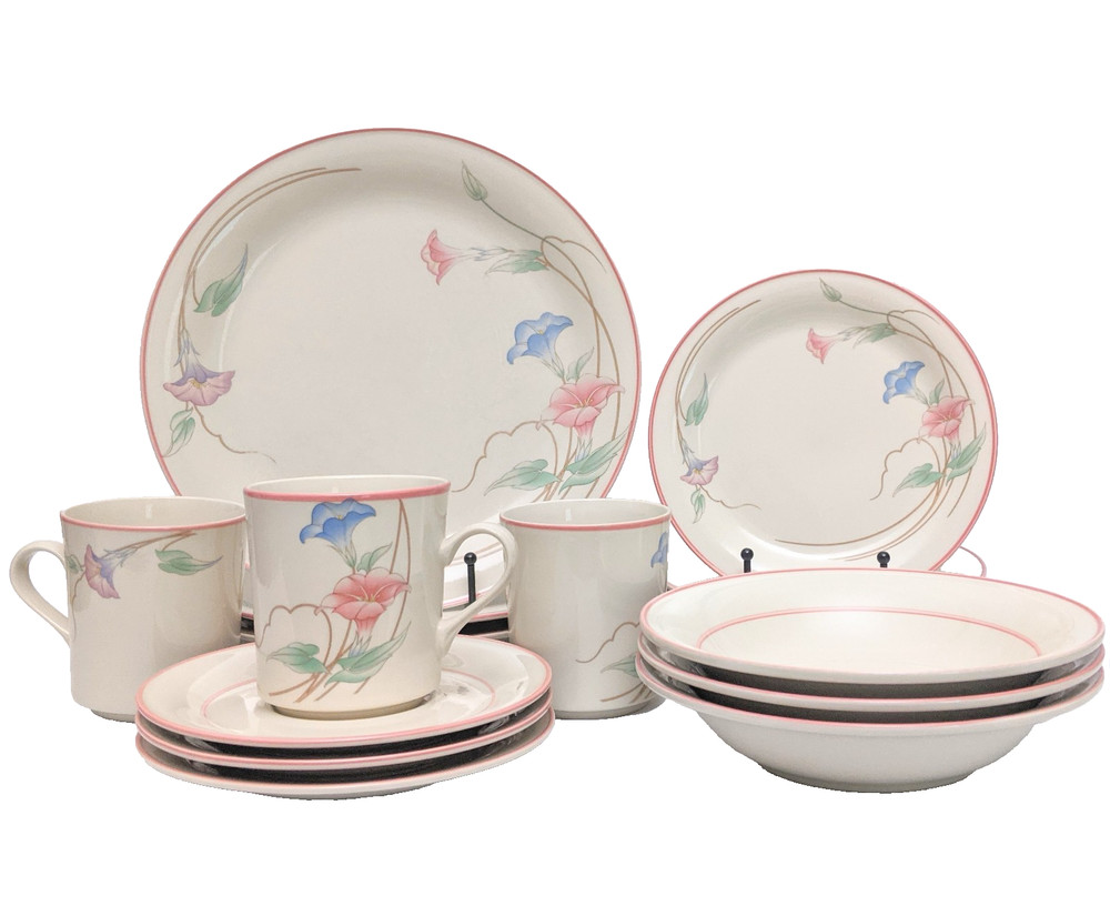 Vintage Floral Pastel Dinnerware Set Stoneware 3 Complete Place Setting Plates