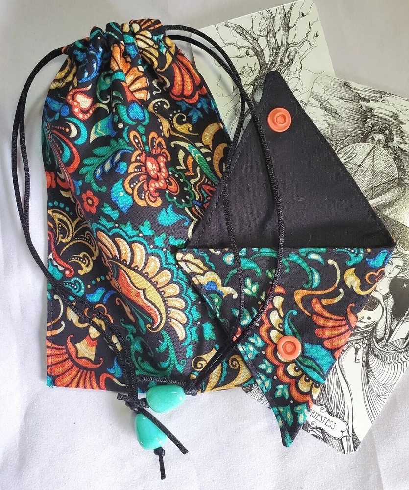 Tarot Card Drawstring Bag Handmade Jacobean with Beads PLUS Crystal Pouch