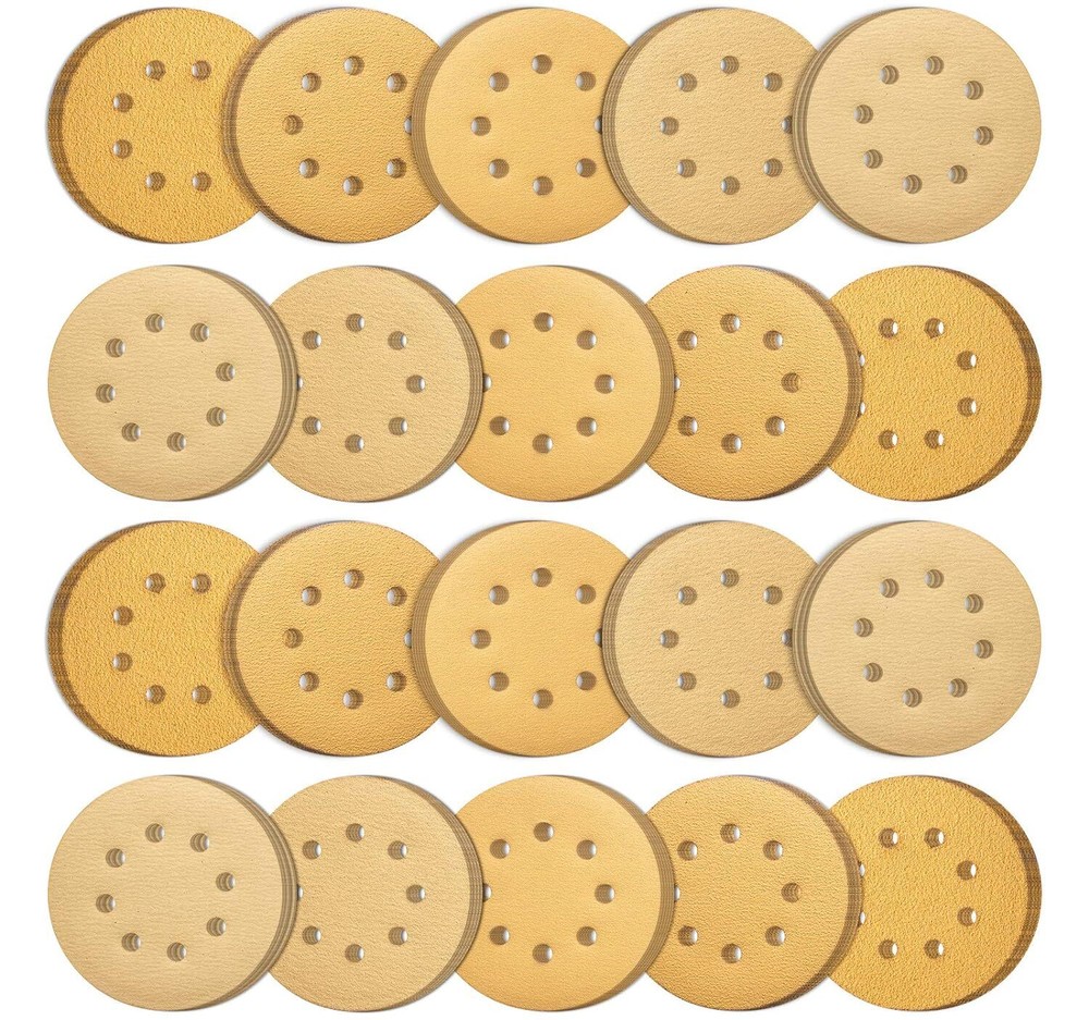 100Pack 8 Hole 125mm 150Grit Gold Sanding Disc Hook Loop Sandpaper for DA Sander