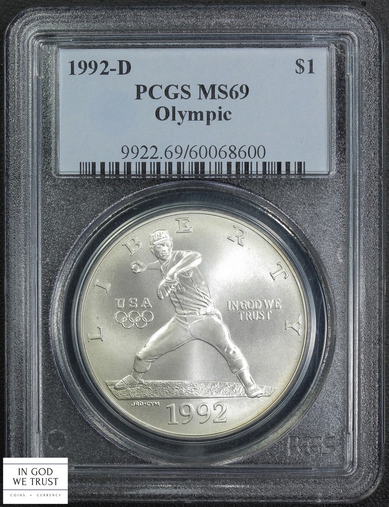 1992 D Olympics Baseball Commemorative Silver Dollar $1 PCGS MS 69