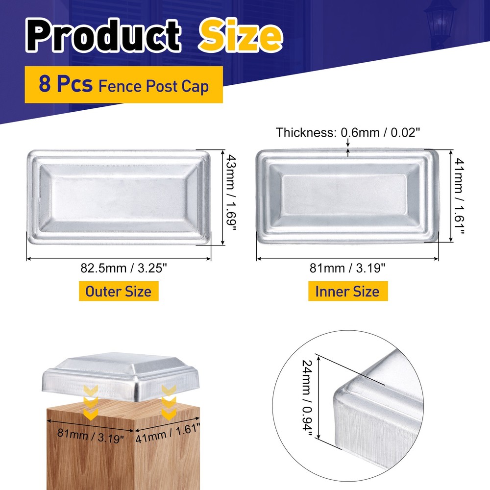 8Pcs Fence Post Cap, Galvanized Deck Post Caps Fit 3.2" x 1.6" Pipe, Silver