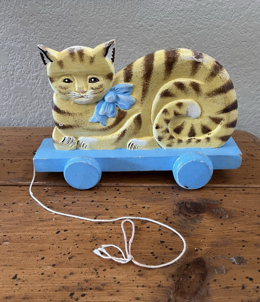 Vintage Wooden Striped Cat Pull Toy