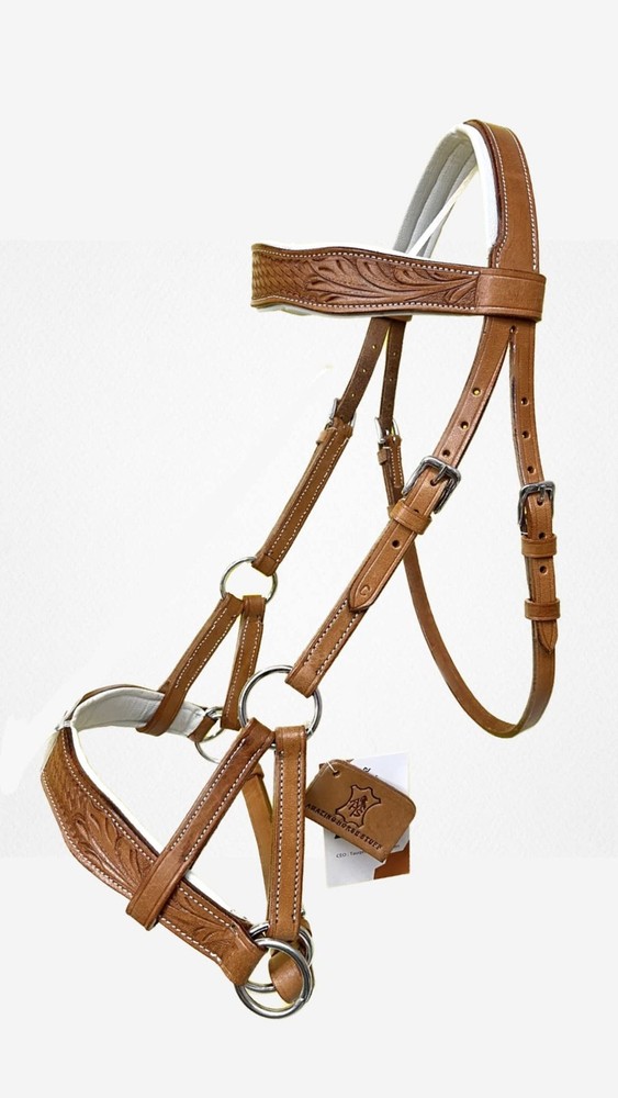 Sidepull Bitless Bridle with Designer Hand Carving On Browband & Noseband Cur...