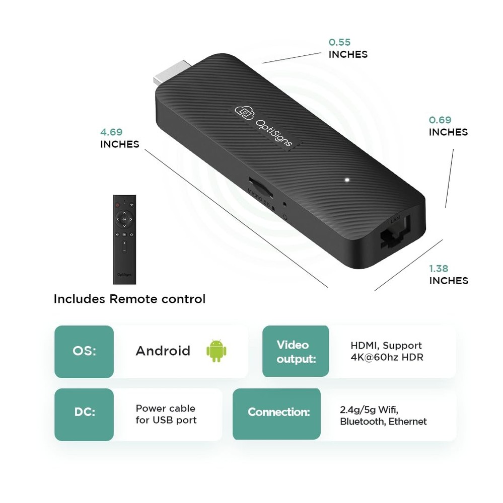 OptiSigns OptiStick Digital Signage Player - Android-Based 4K UHD HDMI black