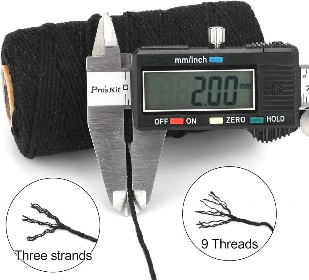 Black String, 2MM 328 Feet Natural Cotton String for Crafts, Christmas Decor
