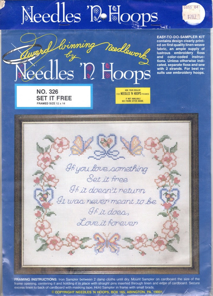 "Set it Free" © Needles 'N Hoops Stamped Embroidery Sampler Kit 326 SEALED