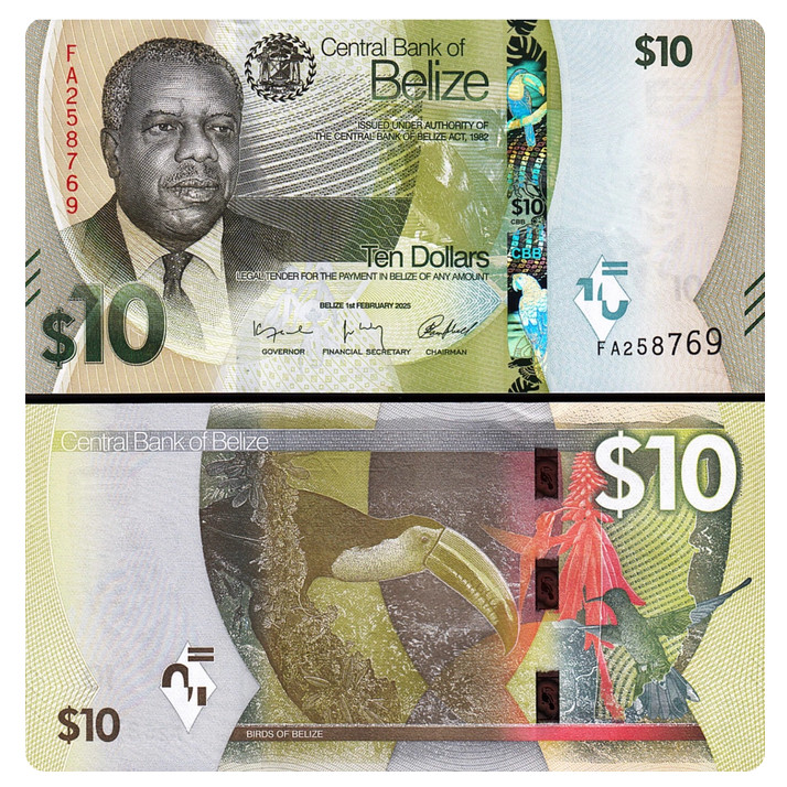 Belize 10 Dollars 2025 P 75 FA Prefix UNC New Banknote
