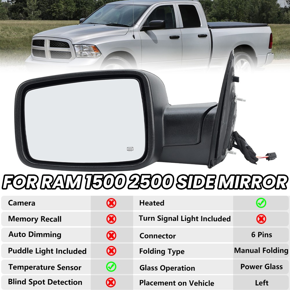 Mirror Driver Left Side Heated Temperature Sensor For Dodge Ram 1500 2013-2018