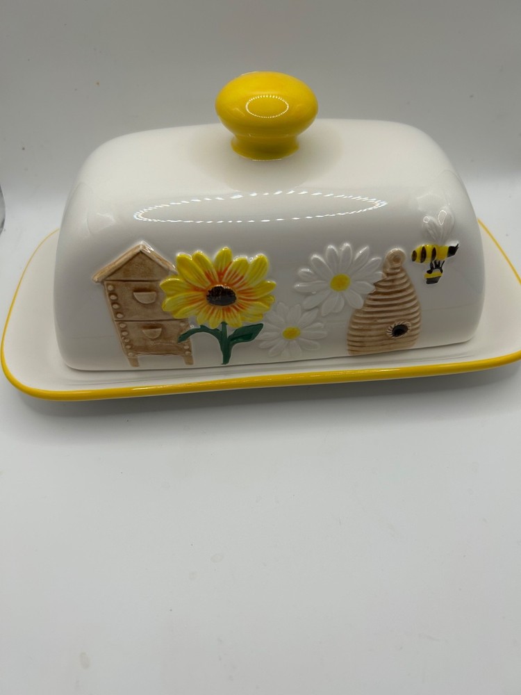 Sunflower and Bee 3D Ceramic Butter Dish with Lid