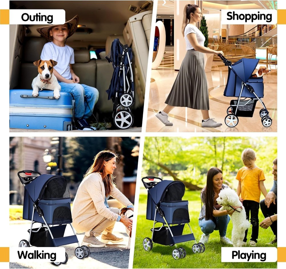 Foldable Pet Stroller with Cup Holder & Storage