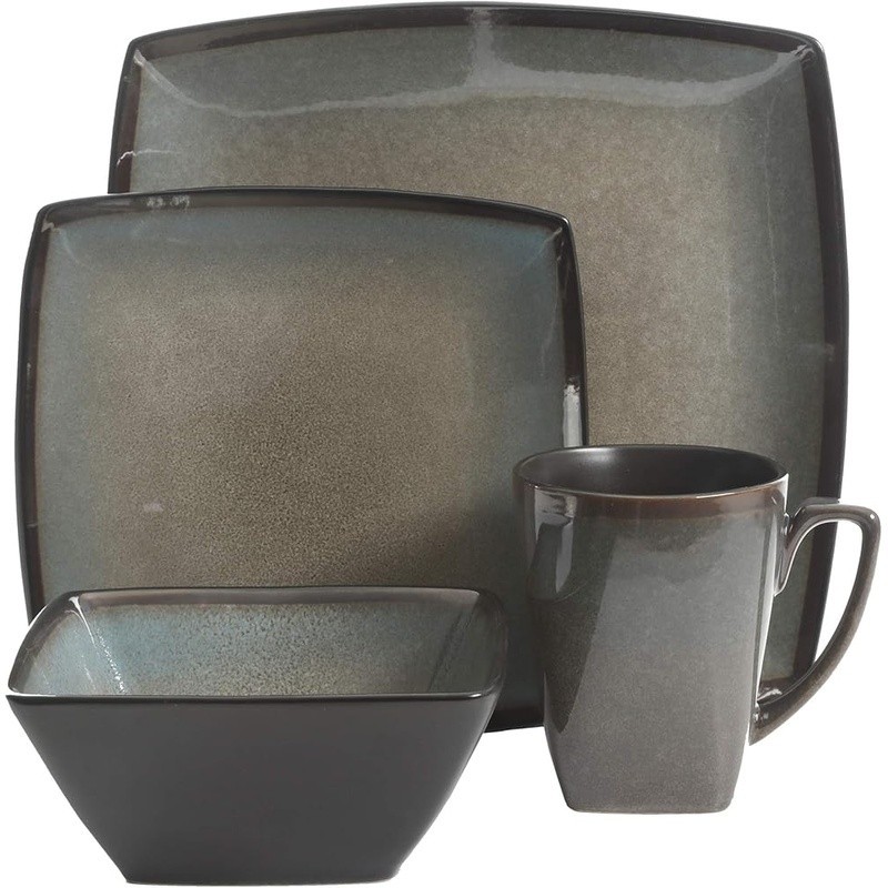 Square Stoneware Dinnerware Set Service 4 Dishwasher Safe Unique Reactive Glaze