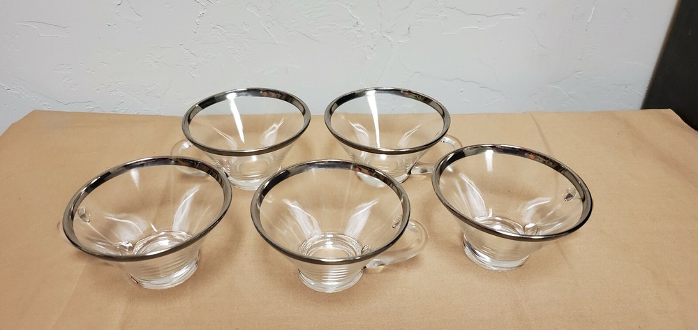 5 Vintage Clear Coffee cups with silver Rim