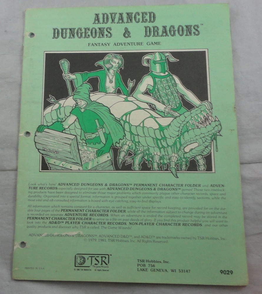Advanced Dungeons & Dragons TSR9029 Permanent Character Folder/Adventure Record
