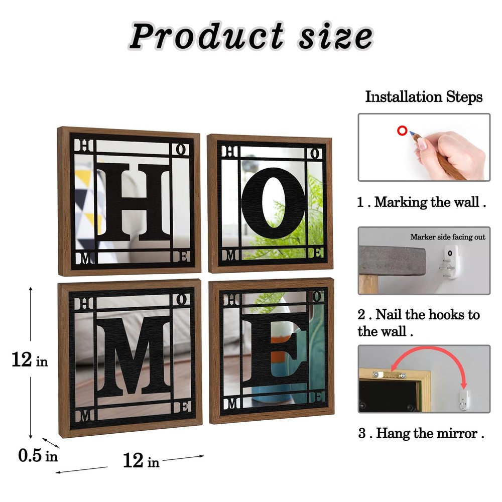 4 PCS Square Wall Mirrors, Rustic Farmhouse Accent Mirror， Home Wall Decor fo...