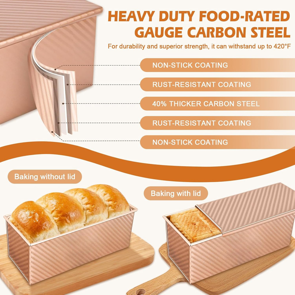 2Pack Pullman Loaf Pans with Lids – 2.2 LB & 1 LB Dough Capacity, Non-Stick Carb