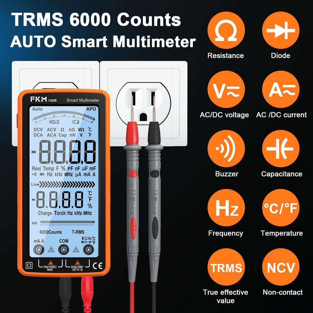 Digital Multimeter TRMS 6000 Counts Auto-Ranging AC/DC Voltage Current Tester