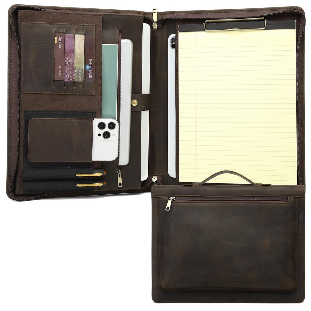 Genuine Leather Portfolio with Hidden Handle, Clipboard Folder, Front Pocket,...
