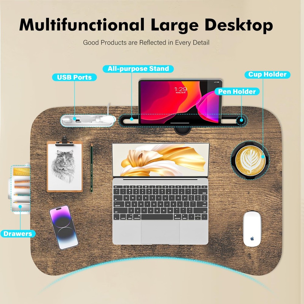 Lap Desk for Bed Adjustable Height, Foldable Bed Table with Storage Drawer, T...