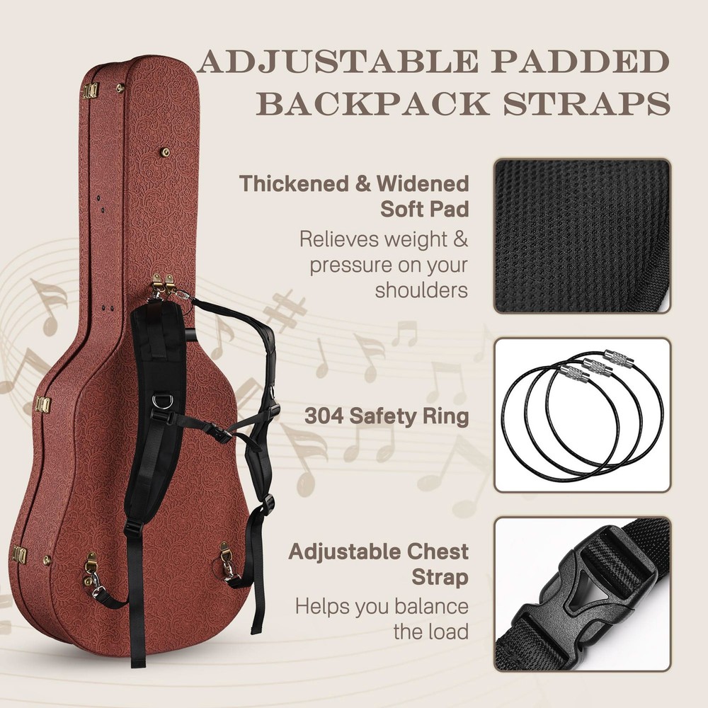 Yescom Acoustic Guitar Hard Case with Folding Stand Backpack Rococo Burnt Sienna