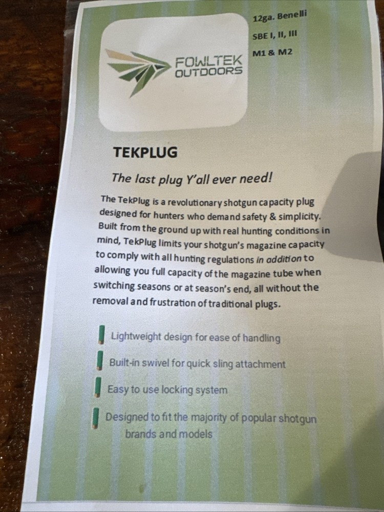 Fowltek Outdoors Tekplug For Benelli SBE 1, 2, 3 & M1 & M2 Models. Cap & Plug